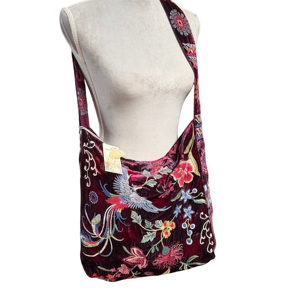 Johnny Was Handbags - NWT Johnny Was Biya JWLA Cerise Burgundy Tote Velvet Embroidered Wide Strap Bag